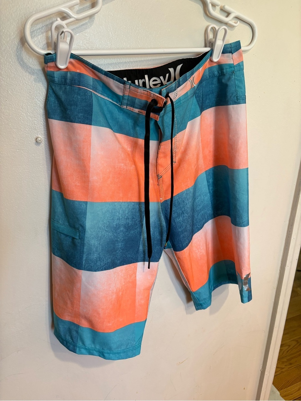 Hurley Men’s Teal and Coral Striped Boardshorts swim trunks 28 waist XS